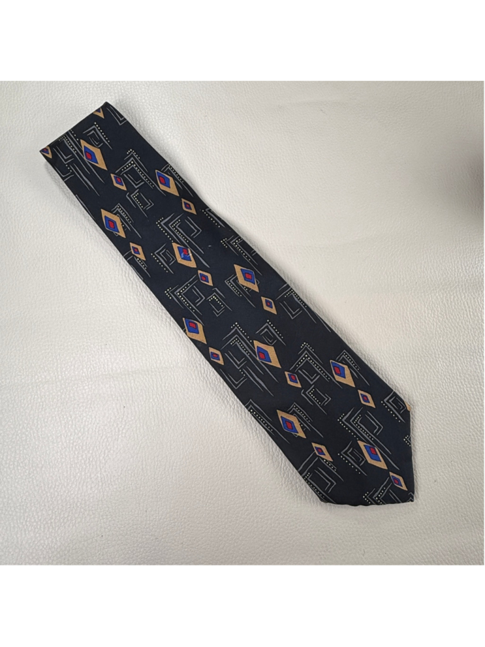 7th Ave 100% Silk Tie Black Geometric Diamond Necktie Red Blue Gold 3.5”n